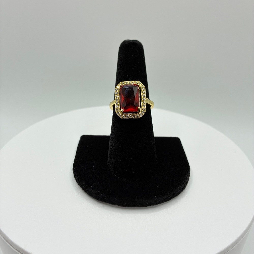 Women's Adjustable Ring Size 6.75 Red Emerald Cut Halo Gold Tone Cocktail